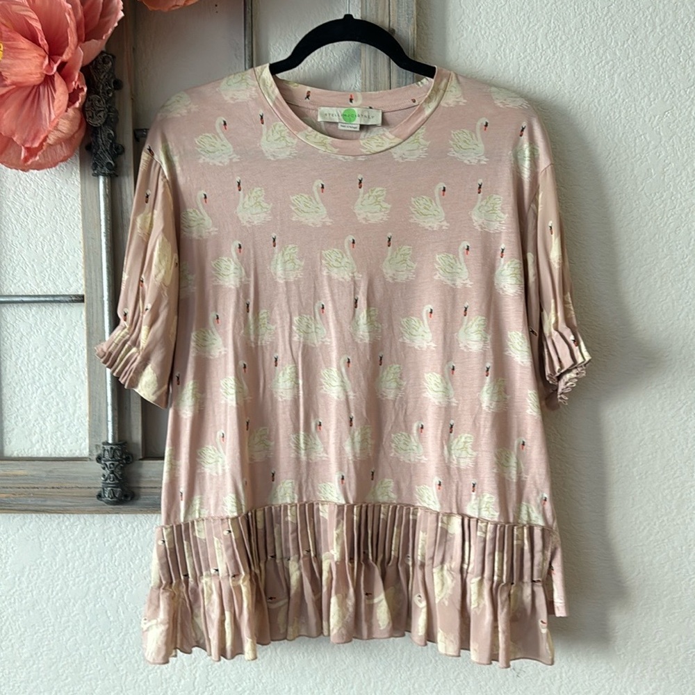 Stella McCartney Blush Swan Graphic Blouse Silk Accents 40